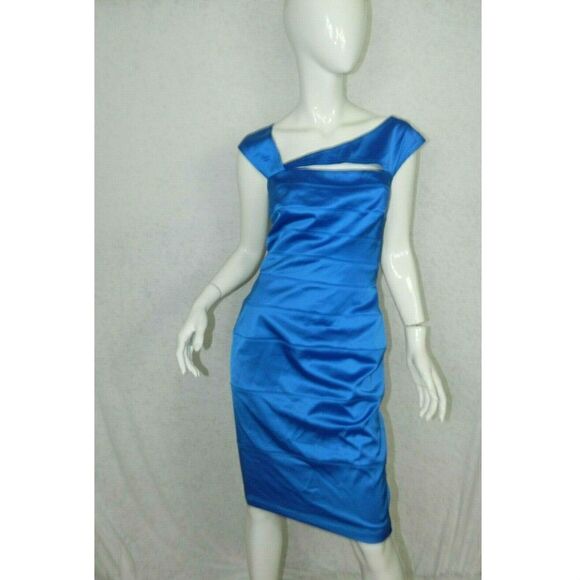 Tadashi Shoji Dress Blue Satin Cocktail Cutout Size 6 - Picture 1 of 8